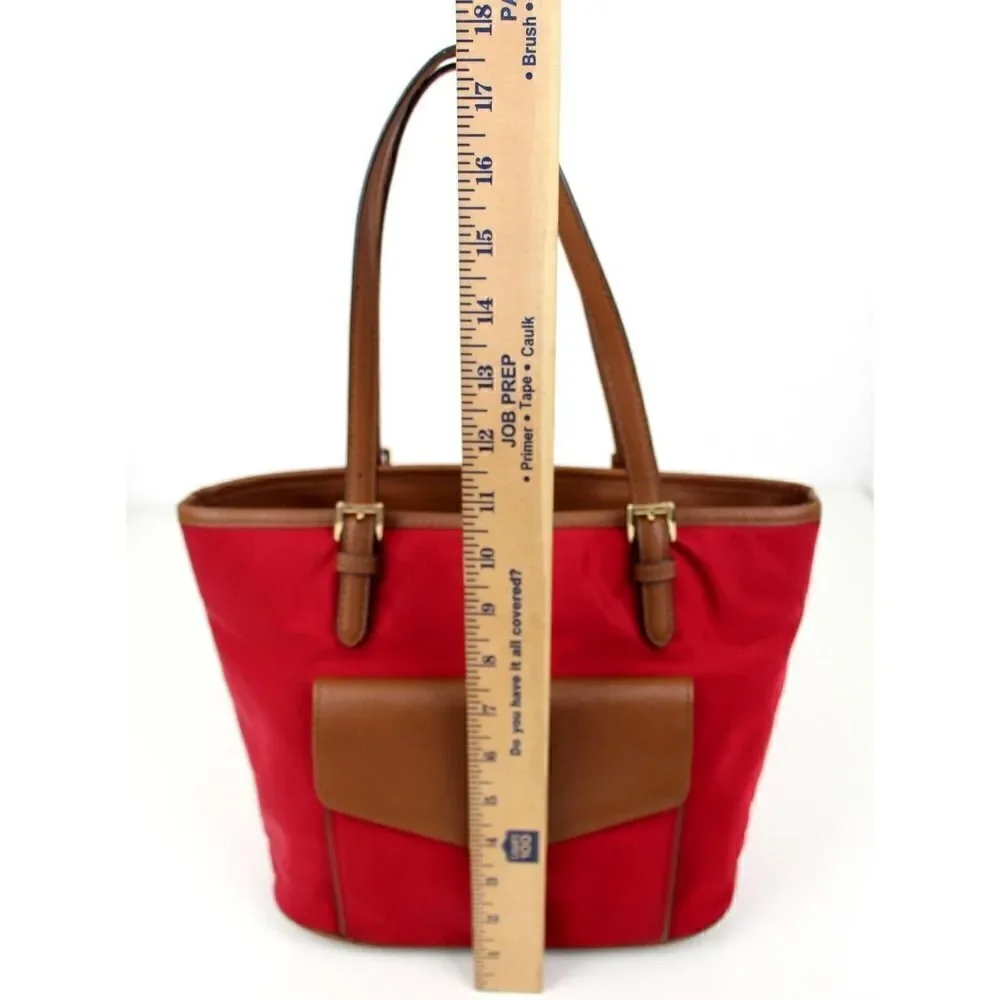 MICHAEL KORS RED NYLON CANVAS TAN BROWN GENUINE LEATHER TRIM TOTE SHOULDER BAG